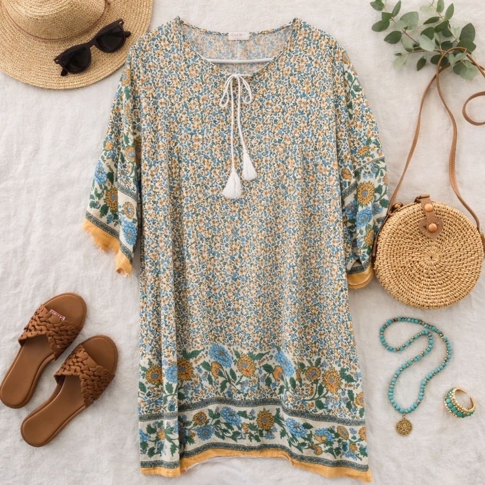 HALIFE Boho Cottagecore Multicolored Floral S Sleeve Rayon Dress. Ladies 2XL